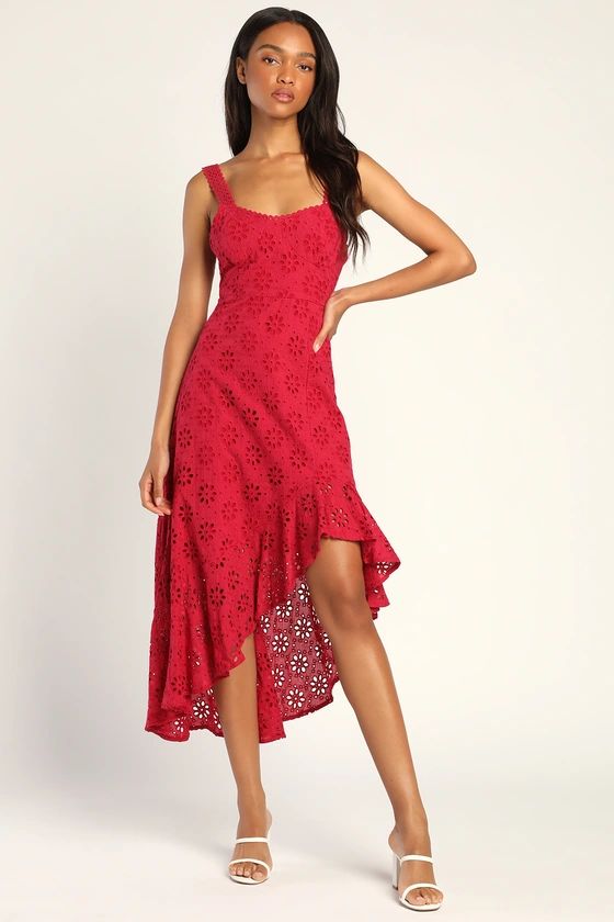 Adoring Days Berry Pink Eyelet Ruffled Asymmetrical Dress | Lulus (US)