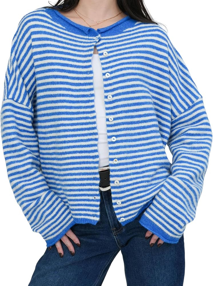Women's Striped Cardigan Long Sleeve Open Front Button Down Lightweight Sweaters | Amazon (US)