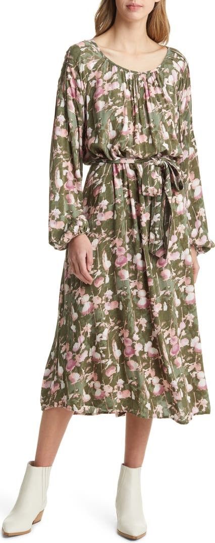 Long Sleeve Tie Waist Midi Dress Green Dress Dresses Floral Dress Summer Dress Outfits | Nordstrom