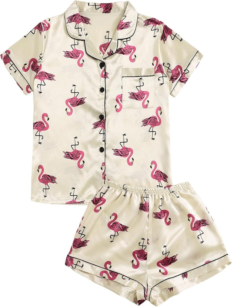 WDIRARA Women's Sleepwear Satin Short Sleeve Shirt and Shorts Pajama Set | Amazon (US)