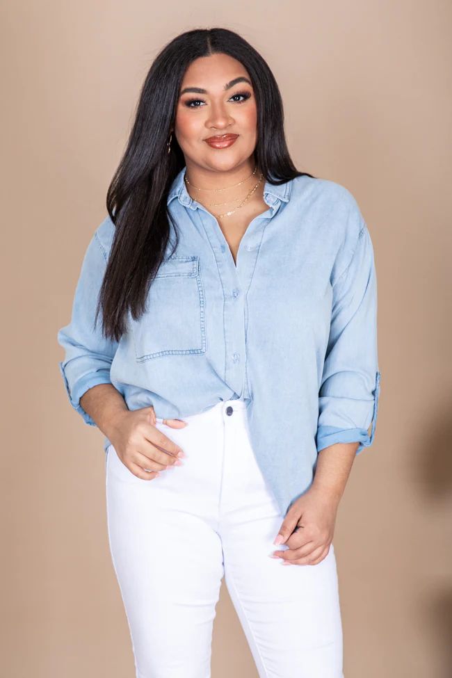 Tell Me Anything Chambray Light Wash Button Front Blouse | Pink Lily