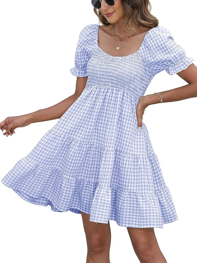 Dokuritu Women's Dresses Summer Plaid Gingham Checkered Cottagecore Puff Sleeve Smocked Cute Teen... | Amazon (US)