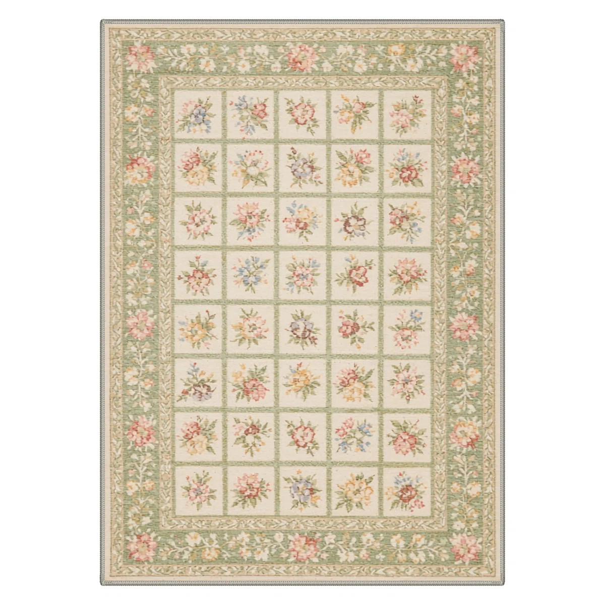 Aaron Cottagecore Floral Machine Washable Green / Beige Indoor Area Rug with Non-Slip Backing | Wayfair North America