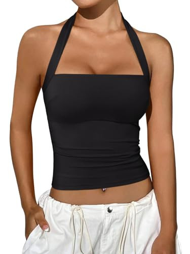 REORIA Halter Tops for Women Summer Sleeveless Going Out Outfits Y2K Trendy Cute Crop Tank Top Clothes Black Medium | Amazon (US)