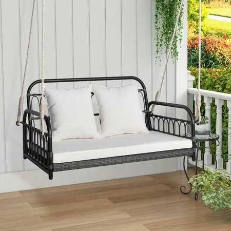 Costway Adult PE Wicker and Metal Hanging Outdoor Porch Swing, Mix Gray/Off White | Walmart (US)