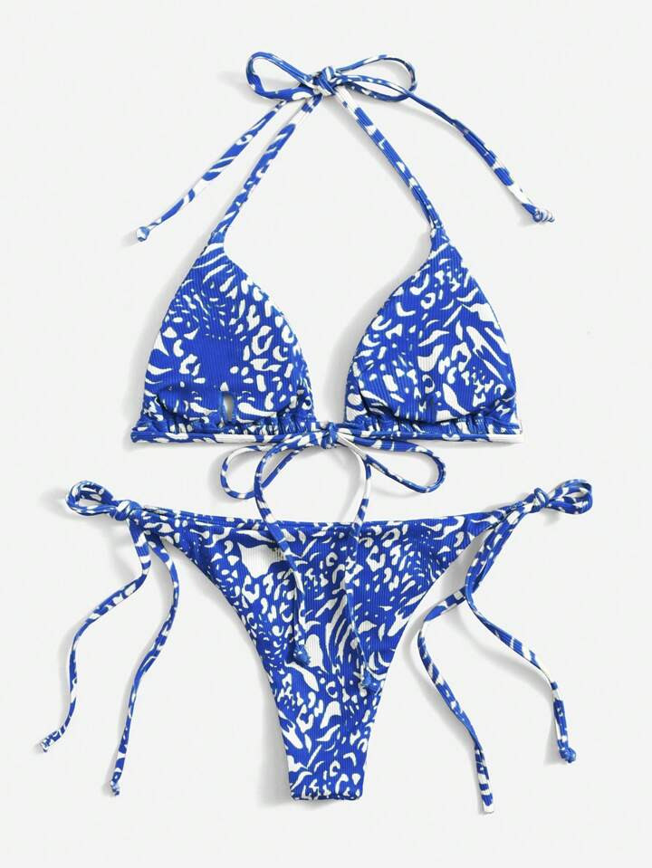 Swim Vcay Summer Beach Allover Print Halter Triangle Tie Side Bikini Set | SHEIN