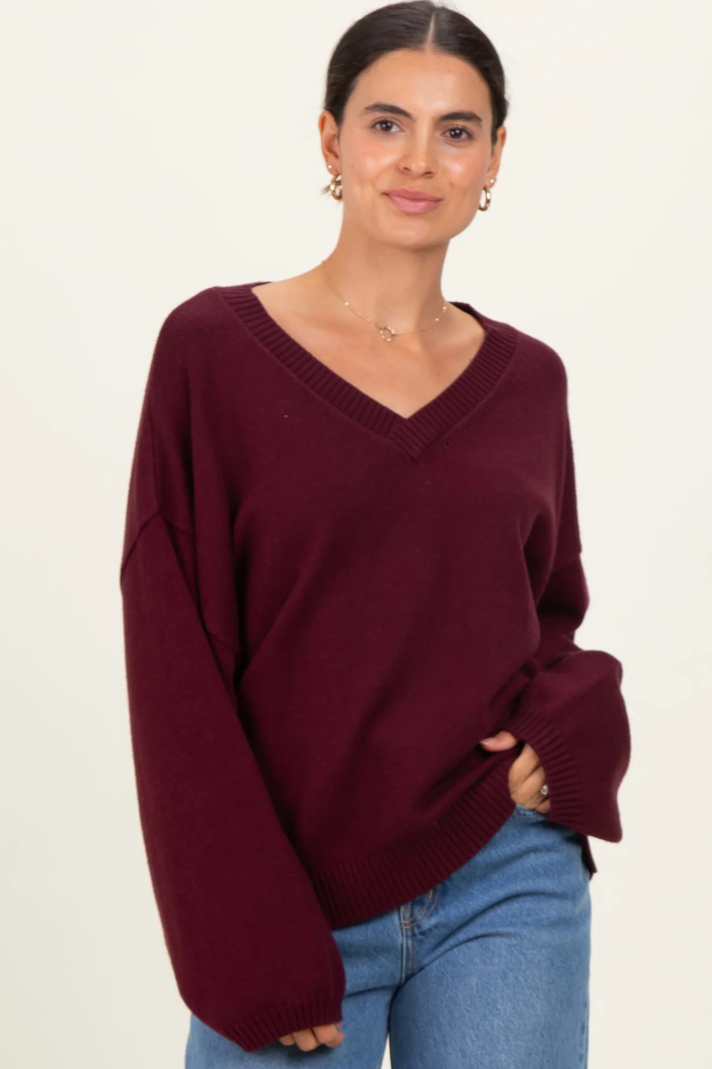 Burgundy V-Neck Drop Shoulder Maternity Sweater | PinkBlush Maternity