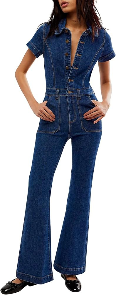 Amazon.com: Qazel Vorrlon Denim Jumpsuit for Women Flare Wide Leg Blue Jean Jumper Short Sleeve B... | Amazon (US)
