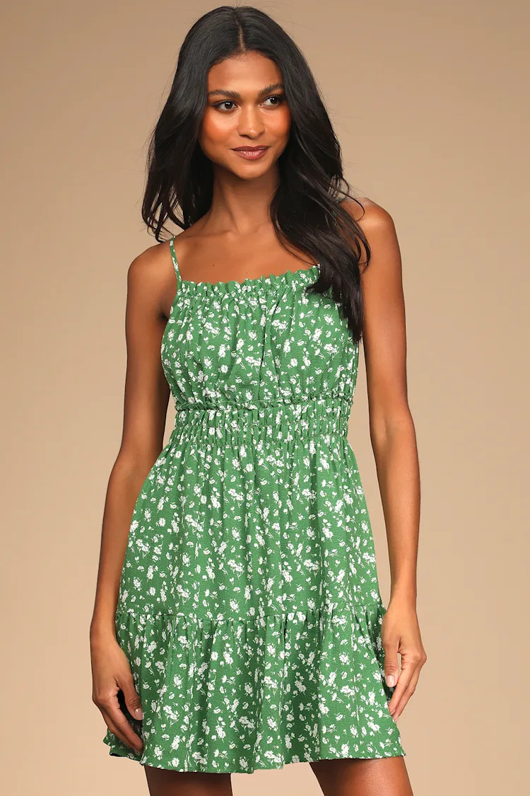 Tender Thoughts Green Floral Ruffled Tiered Mini Dress | Lulus (US)