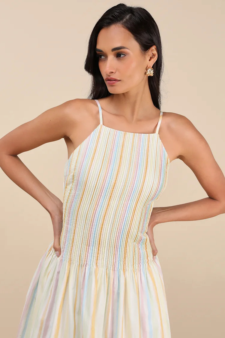 Jalessa Light Yellow Multi Striped Drop Waist Midi Dress | Lulus