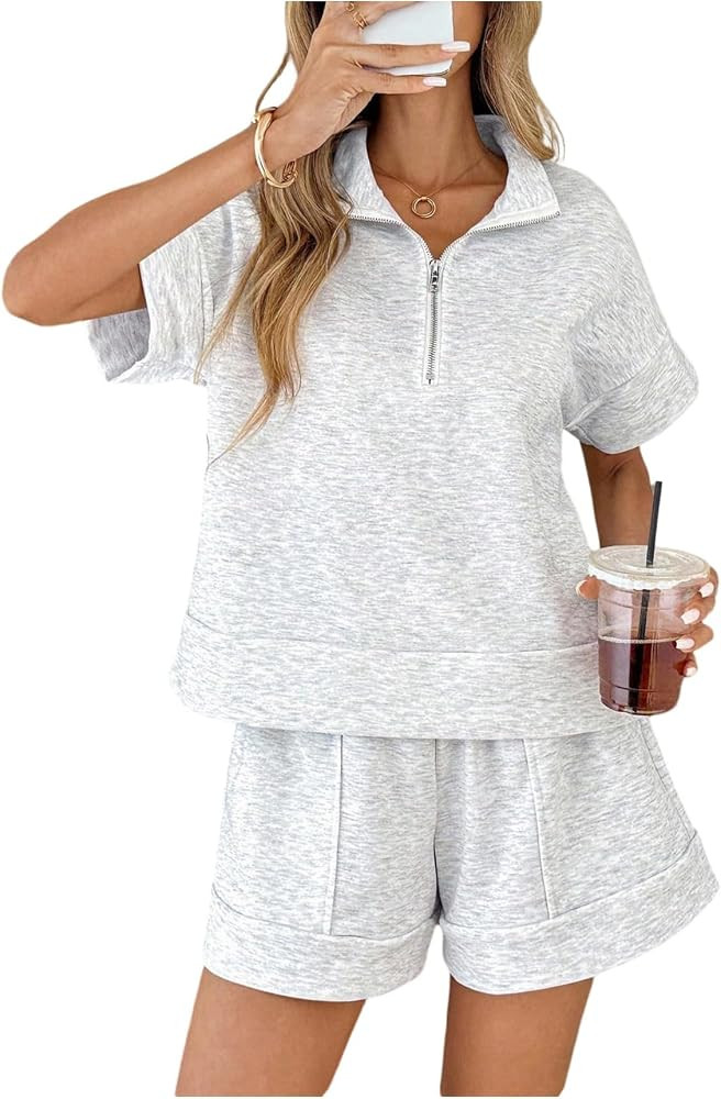 Verdusa Women's 2 Piece Shorts Sets Summer Quarter Zip Pullover Matching Shorts Casual Airport Tr... | Amazon (US)