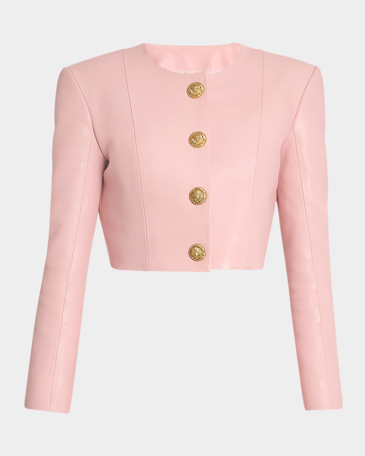 Buttoned Strong-Shoulder Leather Crop Jacket | Neiman Marcus