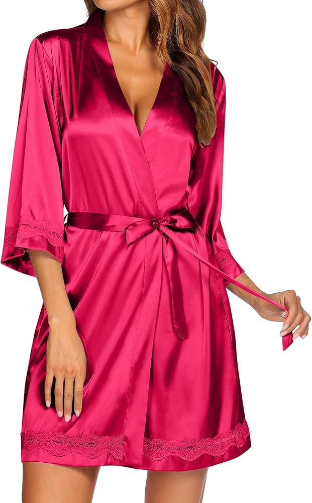 Ekouaer Women's Lace-Trim Silk Robes Bride Bridesmaid Kimono Satin Bathrobe V Neck Sleepwear with... | Amazon (US)