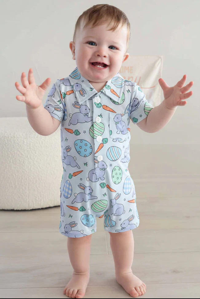 Hoppy Spring Button Romper | Blue | Caden Lane