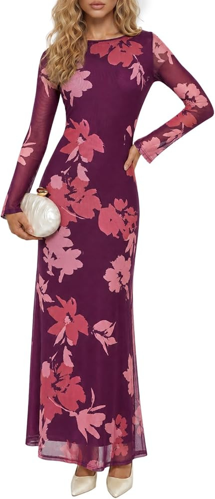 Wenrine Womens Long Sleeve Maxi Dress Floral Mesh Wedding Guest Dresses | Amazon (US)