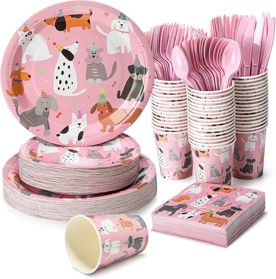 Jinei 350 Pcs Dog Birthday Party Supplies Pink Dog Tableware Set Serves 50 Guests Puppy Birthday ... | Amazon (US)