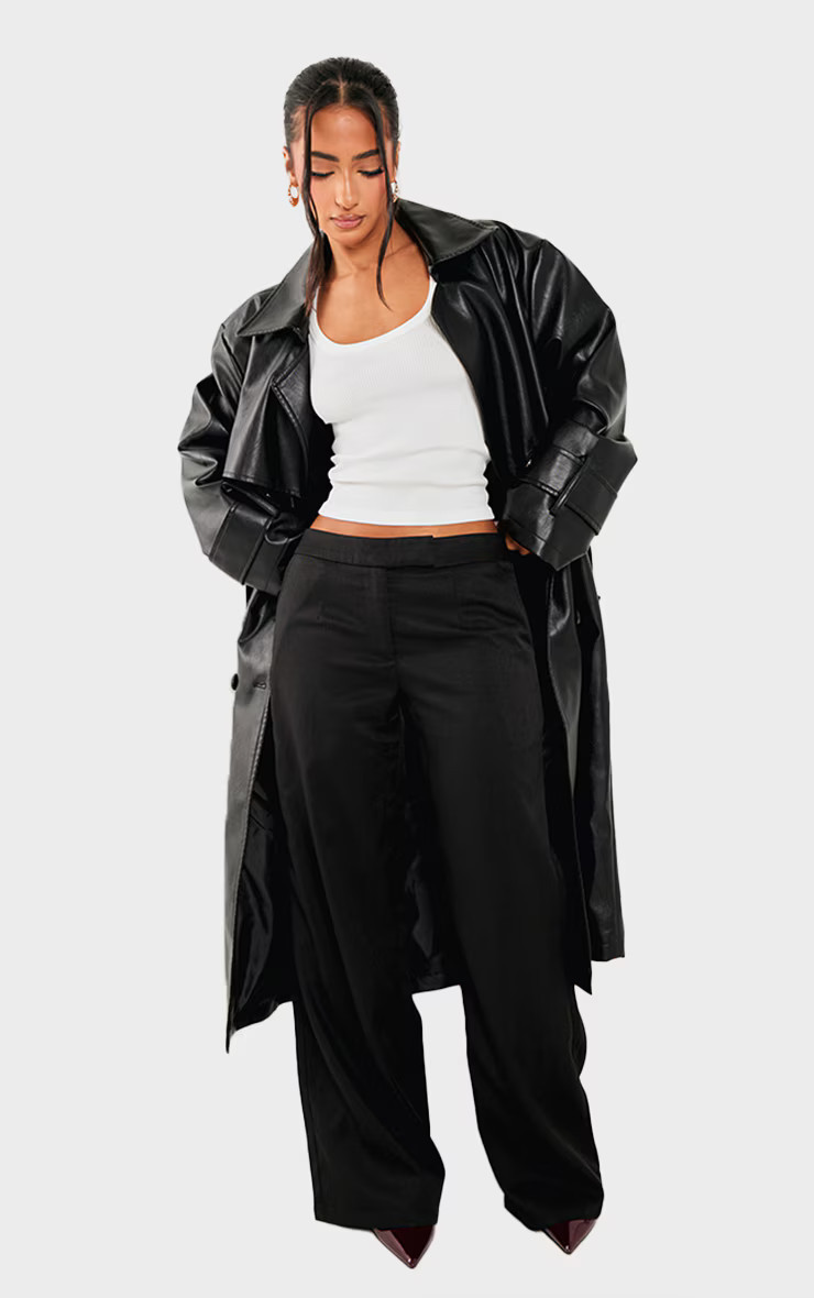 Petite Black Faux Leather Trench Coat | PrettyLittleThing US