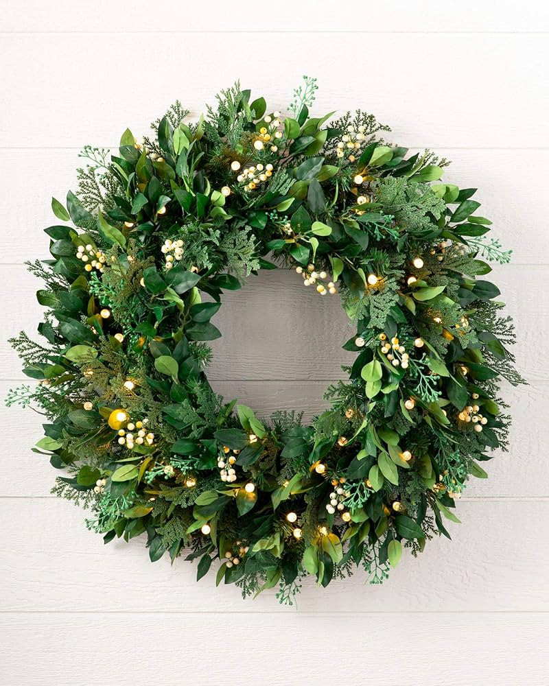 Amazon.com: Balsam Hill 28 Inch Premium Prelit White Berry Cypress Artificial Wreath with Battery... | Amazon (US)