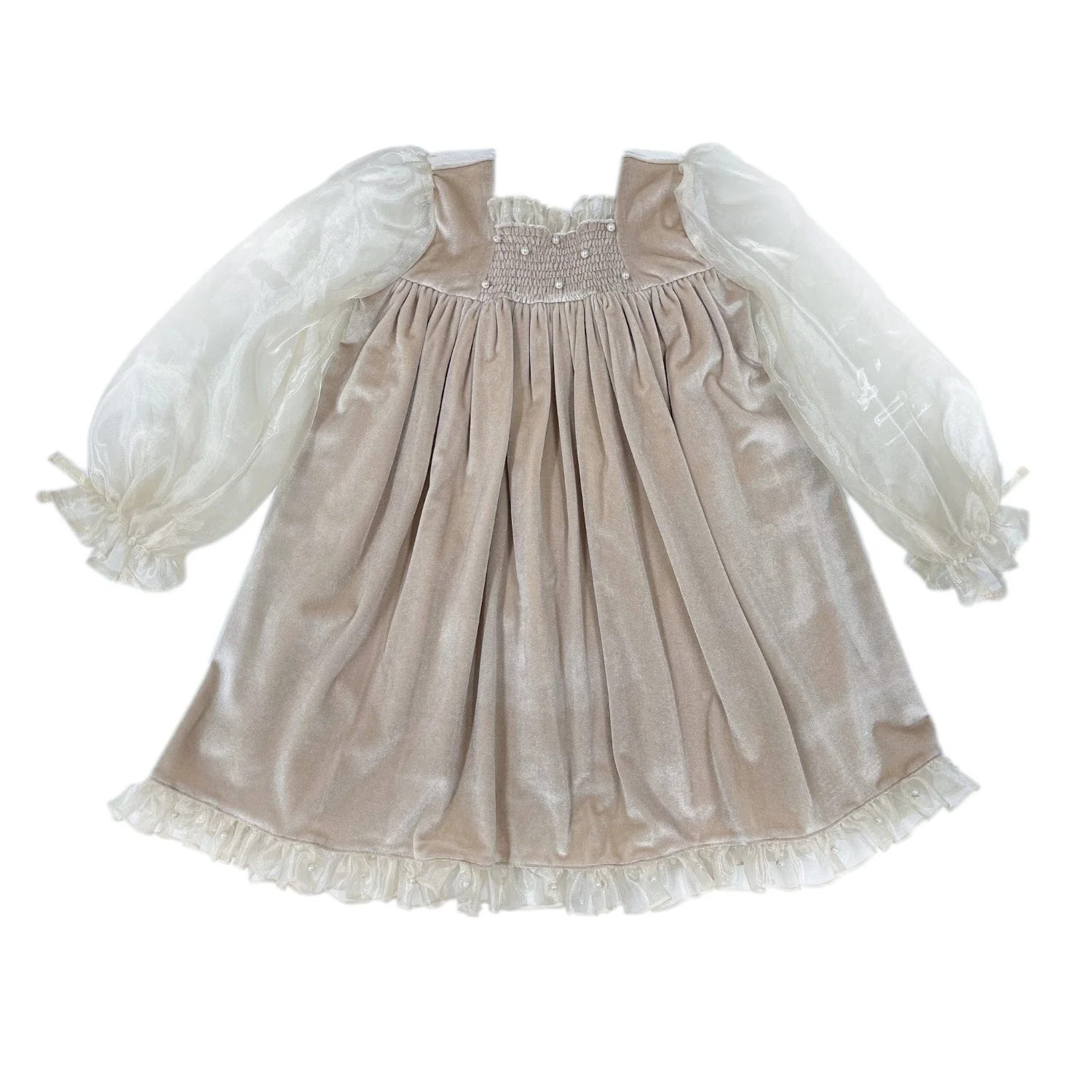 Helena Velour Beige Dress With Organza Sleeves | petite maison kids