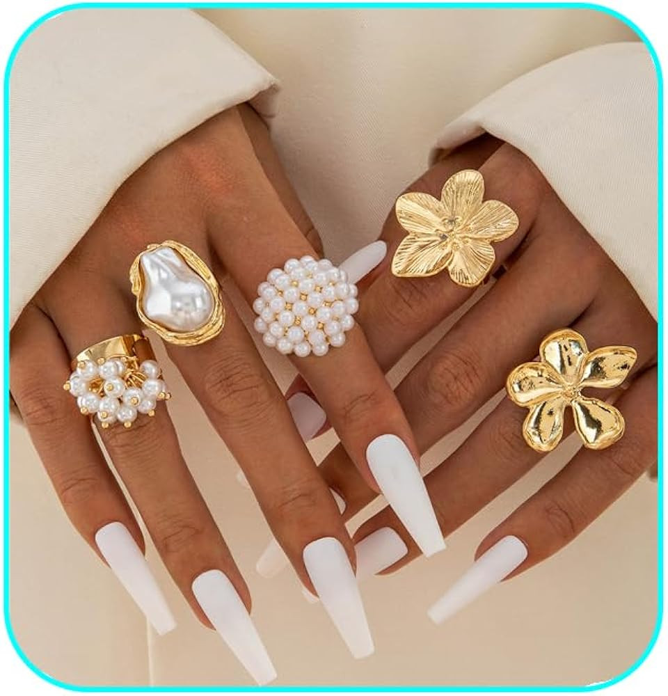 Gold Chunky Rings Set for Women,14K Gold Stackable Pearl Rings Open Stacking Knuckle Statement Ri... | Amazon (US)