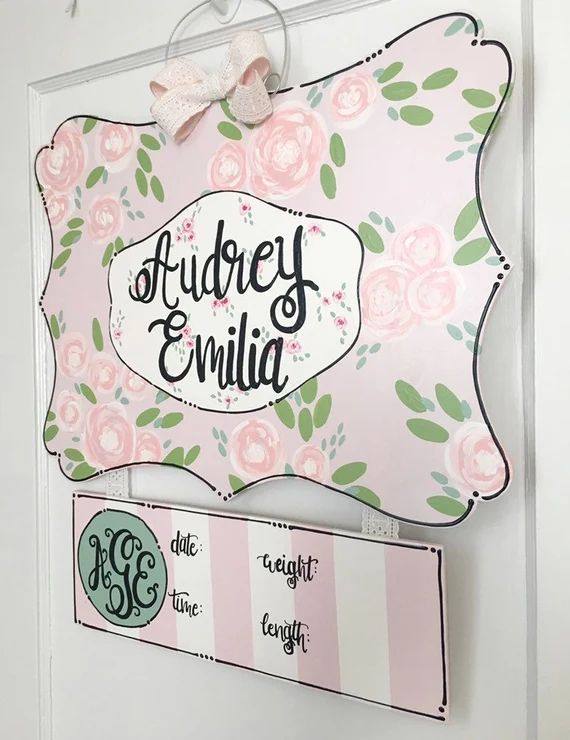 shabby chic baby girl hospital door hanger; classic baby girl door hanger; pink floral door hange... | Etsy (US)
