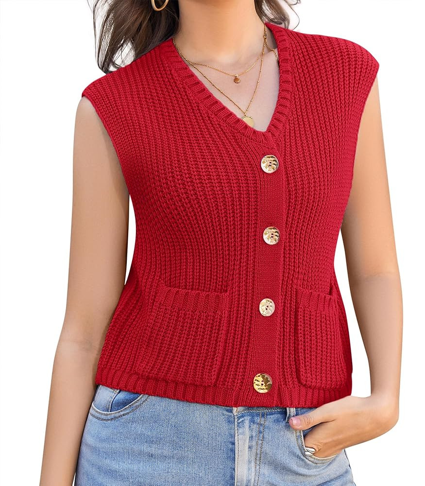 Womens Summer Crop Knit Sweater Vest Sleeveless Button Down Chunky Knit Vest Cardigan with Pocket... | Amazon (US)