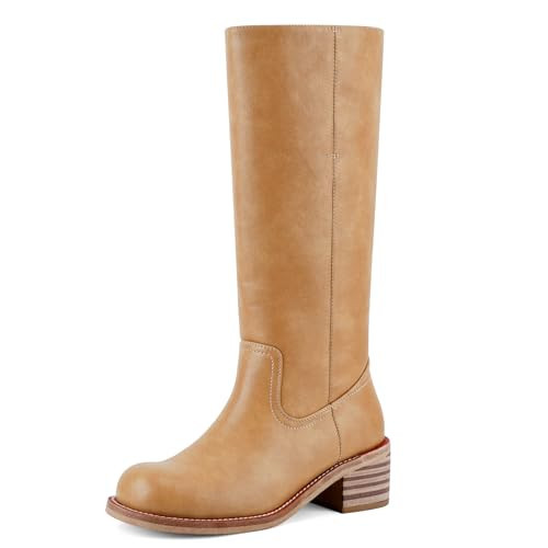VBDB Knee High Boots for Women Square Toe Wide Calf Pull on Long Boots Low Chunky Heel Block Heel Comfortable Daily Work Casual Size9.5 | Amazon (US)