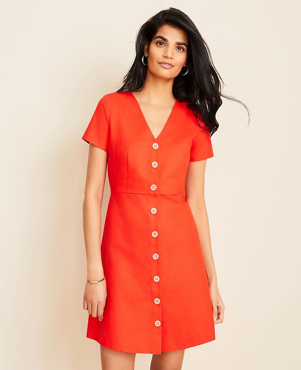 Cotton Linen Button Flare Dress | Ann Taylor (US)