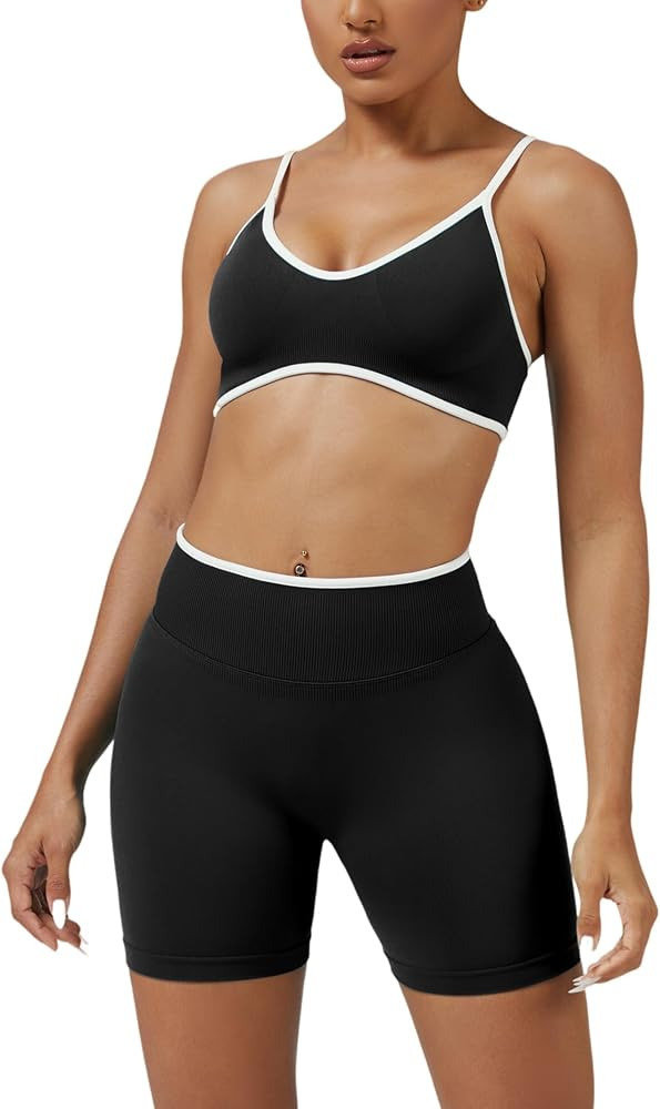 ABOCIW Workout Sets for Women Color Block Sports Bra Hidden Scrunch High Waist Biker Shorts 2 Pie... | Amazon (US)