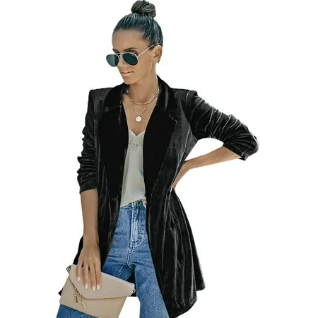 Women Black Double Breasted Velvet Blazer | Walmart (US)
