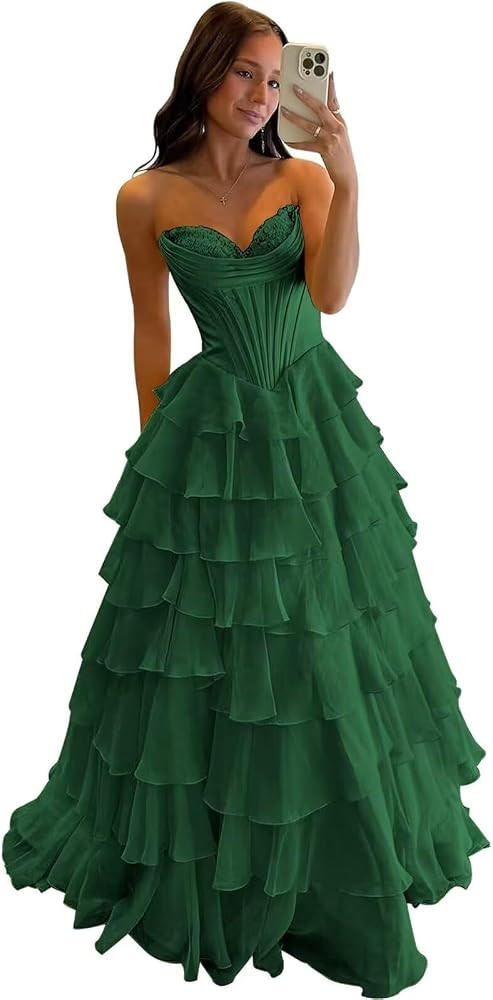 Ruffle Prom Dress Corset Tiered 2026 Strapless Long Chiffon Formal Evening Gown with Slit | Amazon (US)