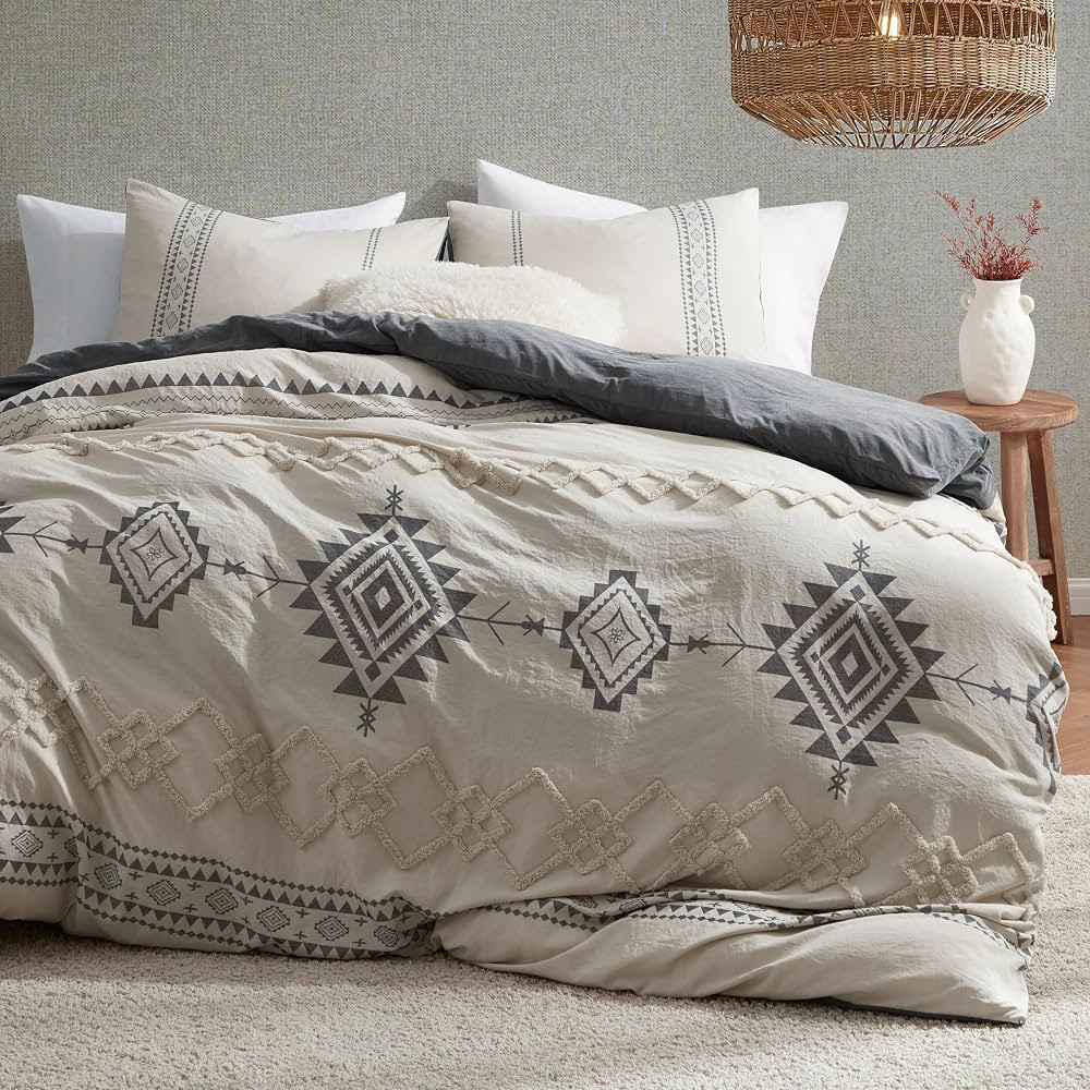 Oli Anderson Boho Duvet Cover Set Queen Size, Beige and Gray Color Clash 3 Pieces Microfiber Bedd... | Amazon (US)