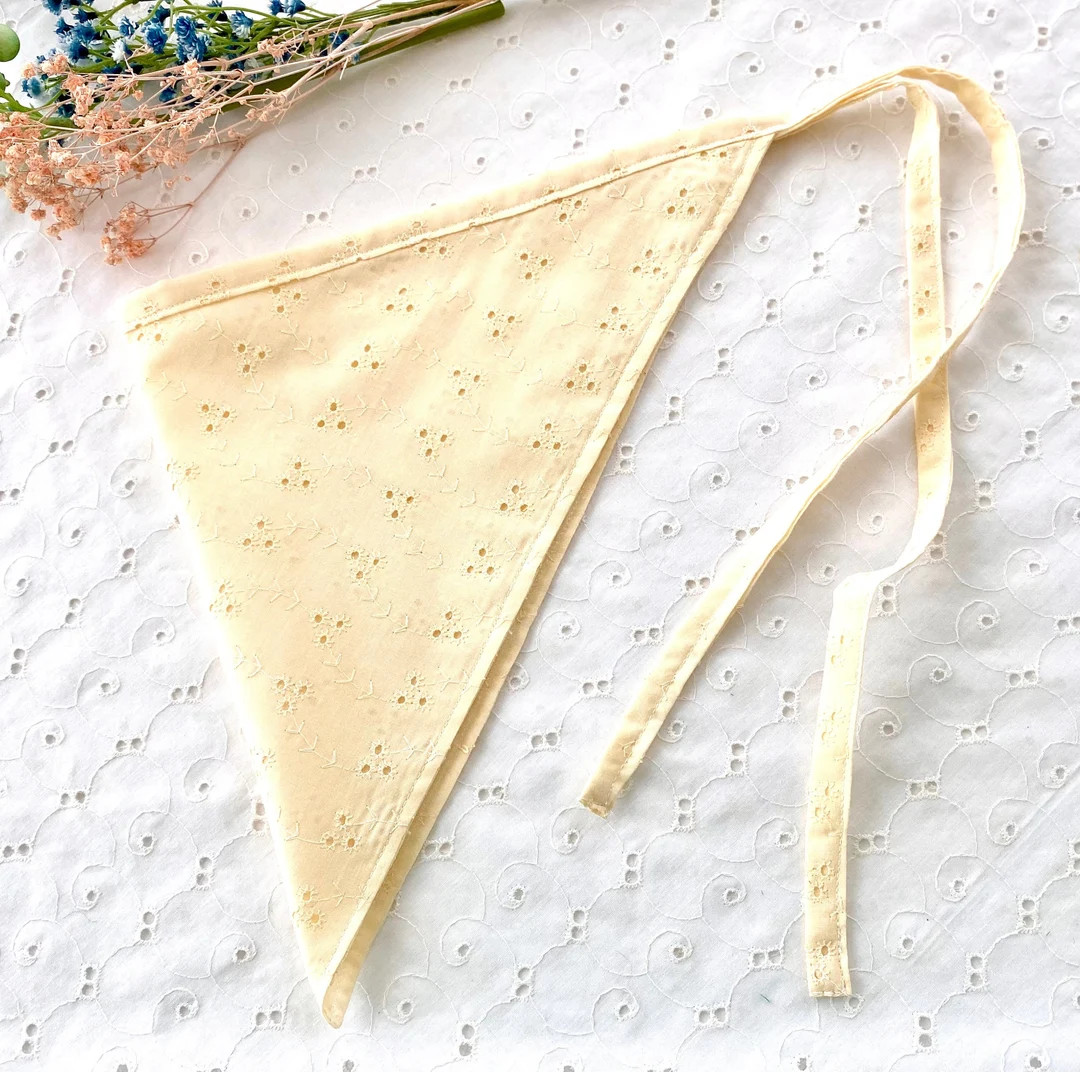 Creamy Yellow Lace Hair Bandana Kerchief Eyelet Embroidery Detail Head Scarf Cottagecore Hair Ker... | Etsy (US)