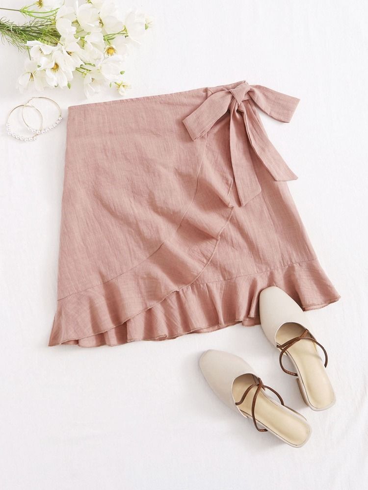 SHEIN Tie Front Ruffle Trim Wrap Skirt | SHEIN