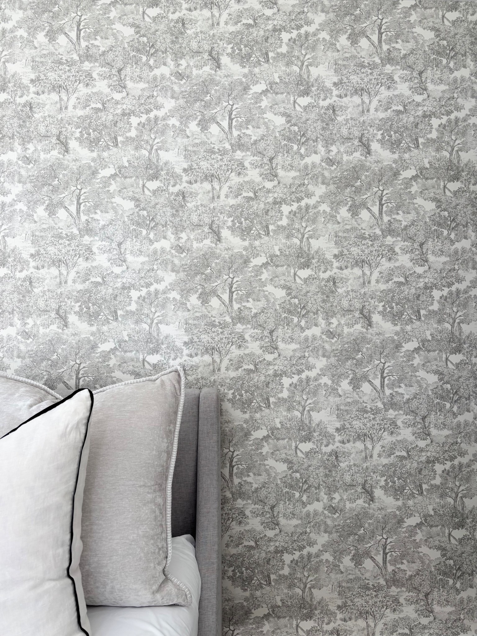 Gorgeous wallpaper just installed in guest bedroom. 