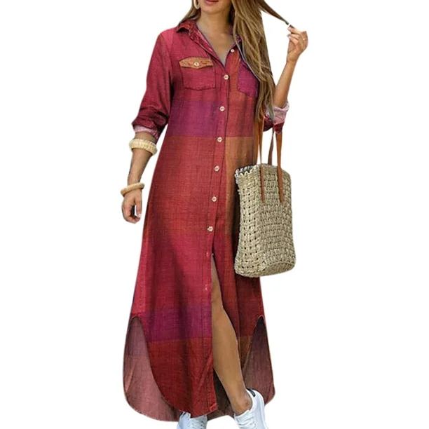 Women Elegant Lapel Neck Long Dress Button Down Dress Print Long Shirt Dress Casual Loose Maxi Dr... | Walmart (US)
