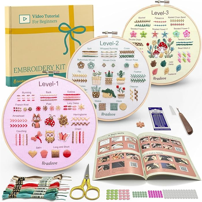 Bradove Beginner Embroidery Kit for Adults Kids, Learn to Embroider 37 Stitches and 13 Cute Patte... | Amazon (US)