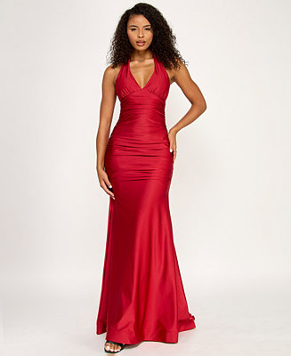 Juniors' Ruched Tie-Back Halter Gown | Macy's
