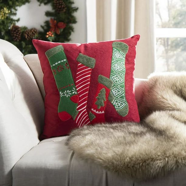 Safavieh Jovie Christmas Stockings Decorative Throw Pillow, 18" x 18", Green/Red - Walmart.com | Walmart (US)