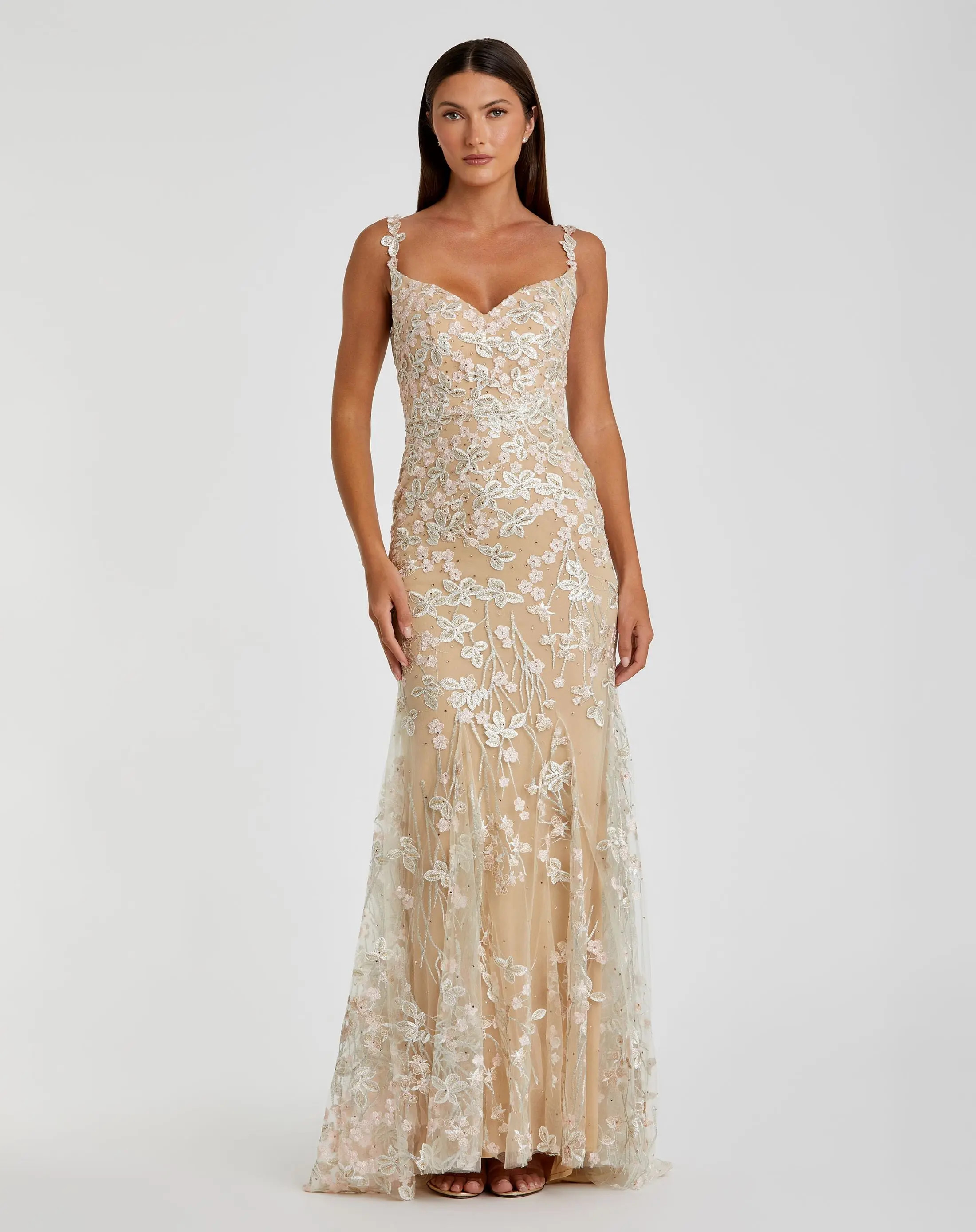 Beige Floral Embroidered Tulle Trumpet Gown - FINAL SALE | Mac Duggal