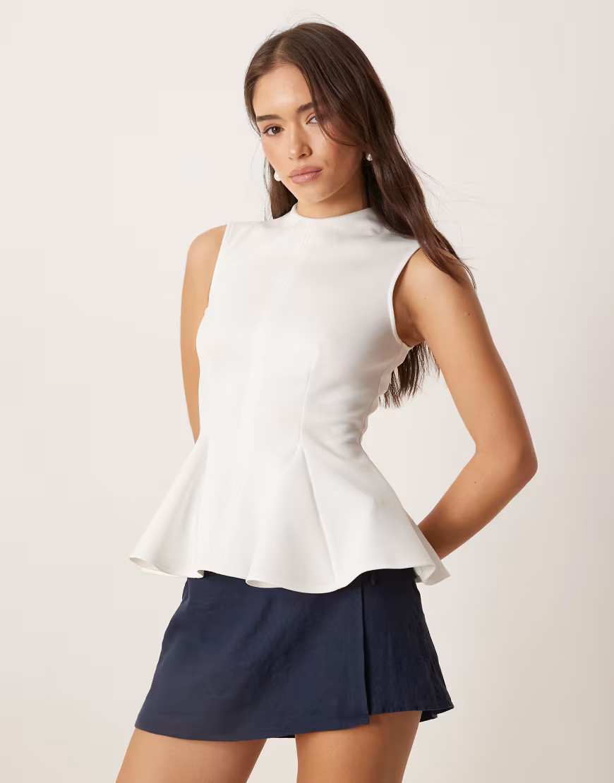 ASOS DESIGN high neck top with pleats and peplum hem in white in scuba-style fabric | ASOS (Global)