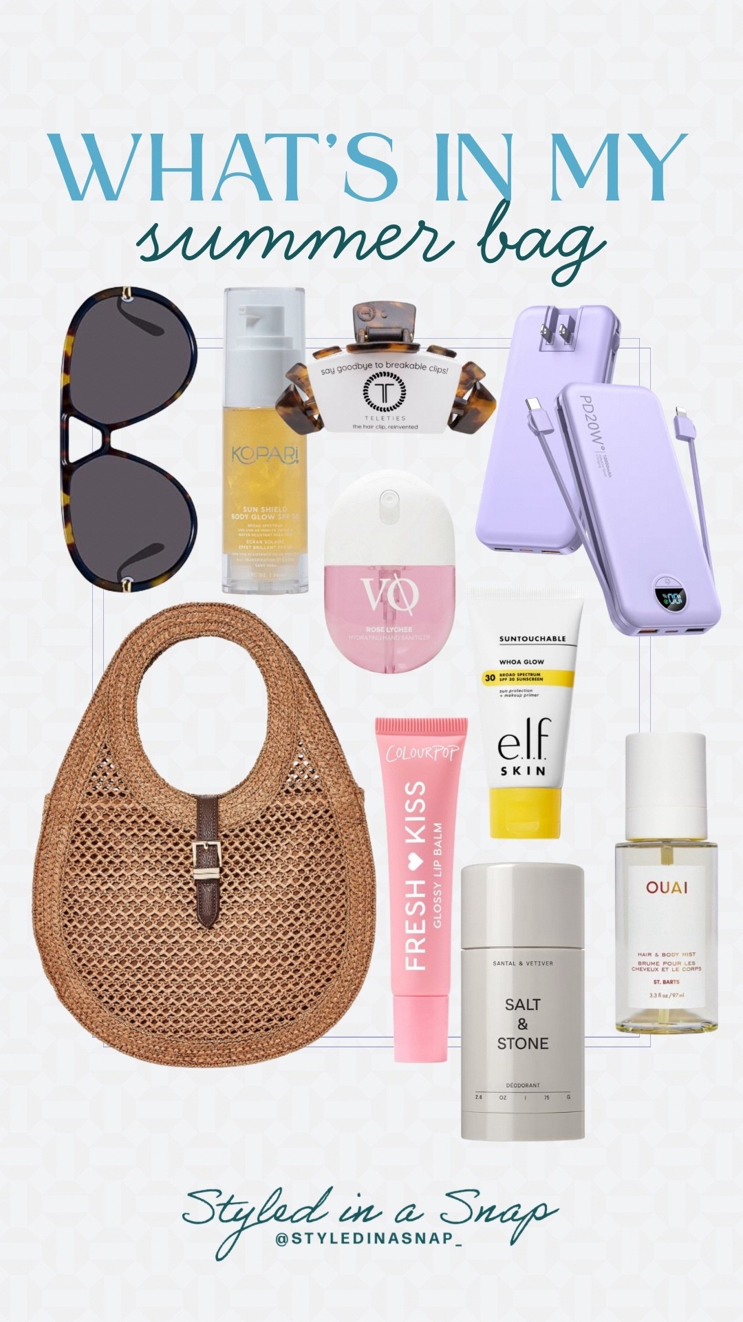 This Target handbag is absolutely stunning and it’s so affordable, but looks expensive. These are the best beach finds that keep you safe from sunburns, and smelling bad. 
Hand sanitizer spray, portable charger, glow sunscreen, hair clip, natural deodorant, lip glosss