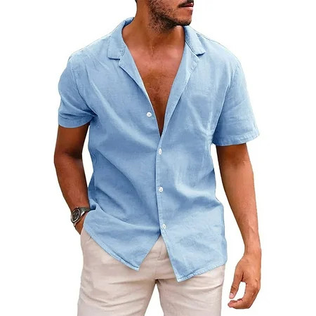 Men s Linen Casual Short Sleeve Shirts Button Down Summer Beach Shirt | Walmart (US)