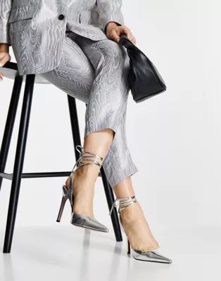 ASOS DESIGN Pally tie leg high heeled shoes in silver | ASOS (Global)