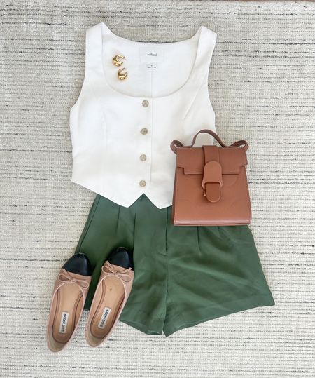 Summer outfit with cream vest paired with green tailored shorts and flats for a chic look. Perfect for casual workwear, summer dinners or date night  

#LTKStyleTip #LTKSeasonal