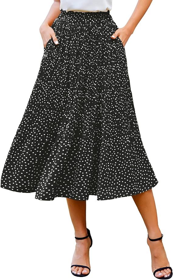Zeagoo Women's Midi Skirts Elastic High Waist Skirt Polka Dot Casual Pleated Skirt with Pockets | Amazon (US)