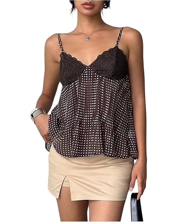 Verdusa Women's Lace Polka Dots Camisole Tops Vintage V Neck Flowy Going Out Tops | Amazon (US)