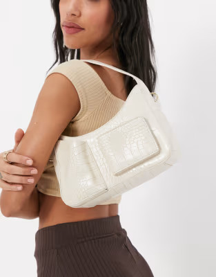 Ego shoulder bag with front pocket detail in white croc | ASOS (Global)