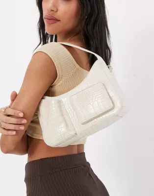 Ego shoulder bag with front pocket detail in white croc | ASOS (Global)