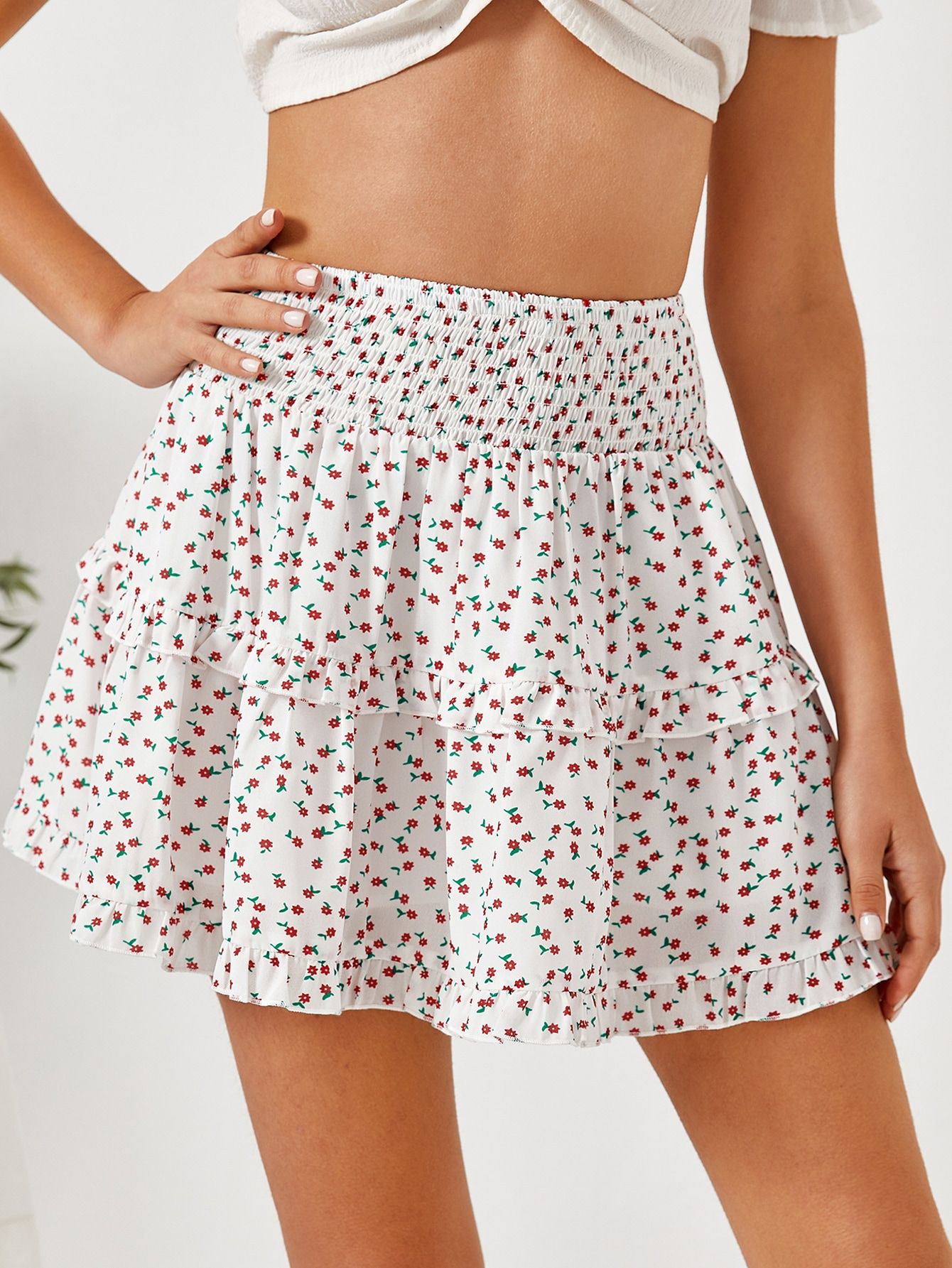 NEWSHEIN Shirred Waist Layered Frill Trim Ditsy Floral Skirt | SHEIN